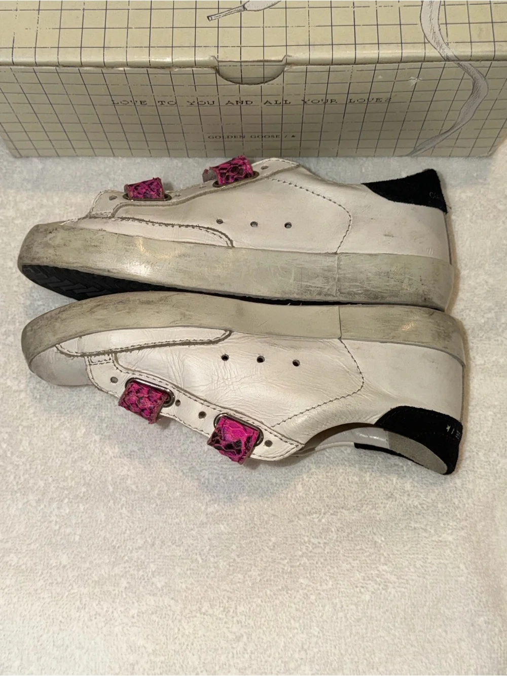 Golden Goose Kids White Sneakers with Pink Snake-Print Straps and Silver Star